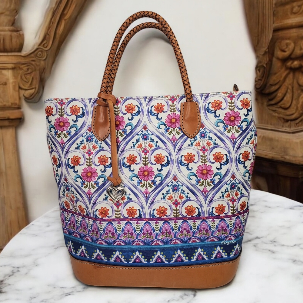 BRIGHTON Kesha Tall Tote Handbag Braided Leather Straps Boho Pattern
